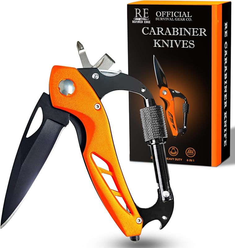 Mosquetón cuchillo EDC supervivencia rompecristales naranja