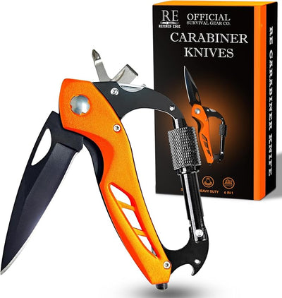 Mosquetón cuchillo EDC supervivencia rompecristales naranja