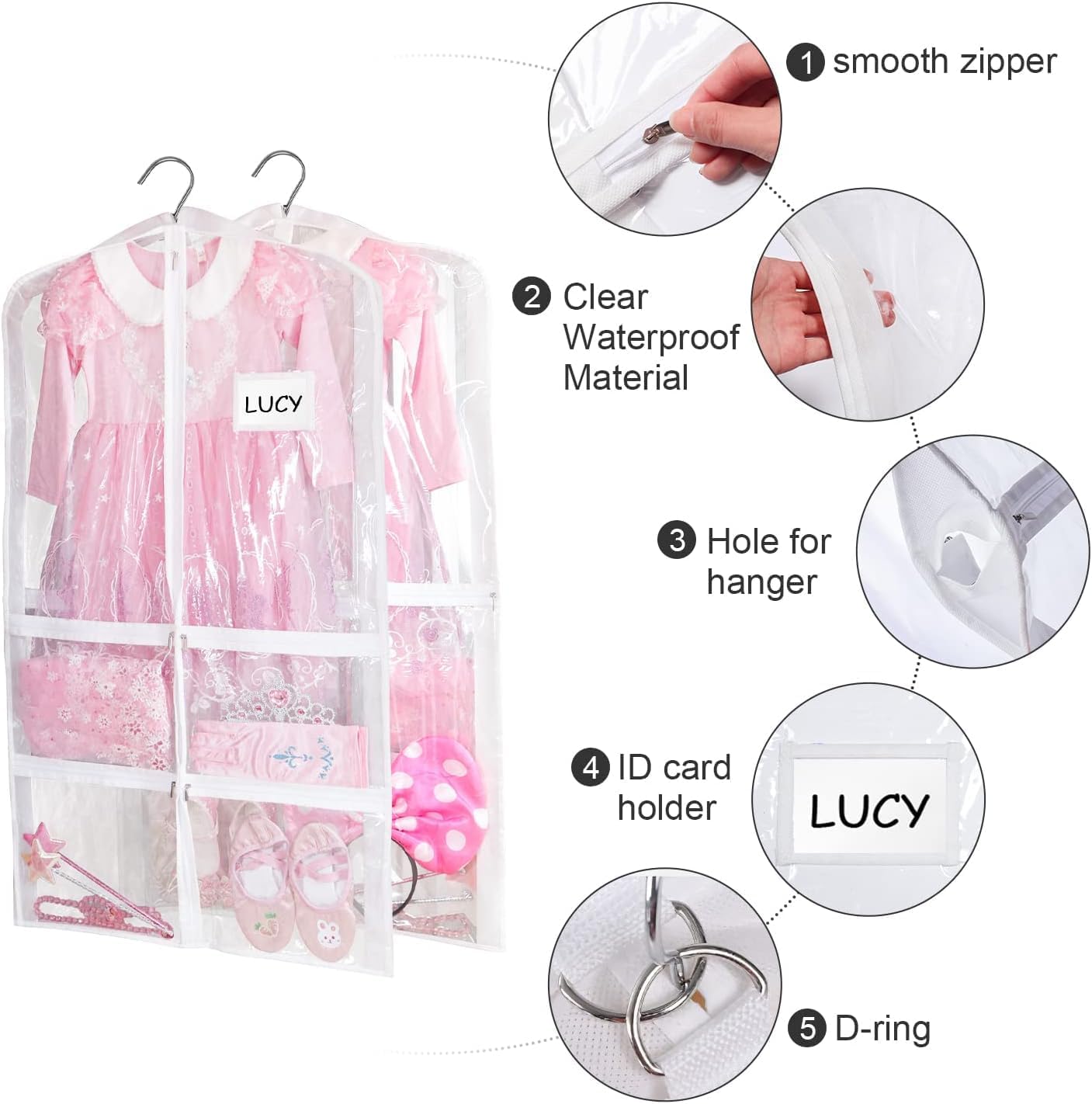 Bolsa ropa transparente PVC 40pulg con 5 bolsillos cremallera