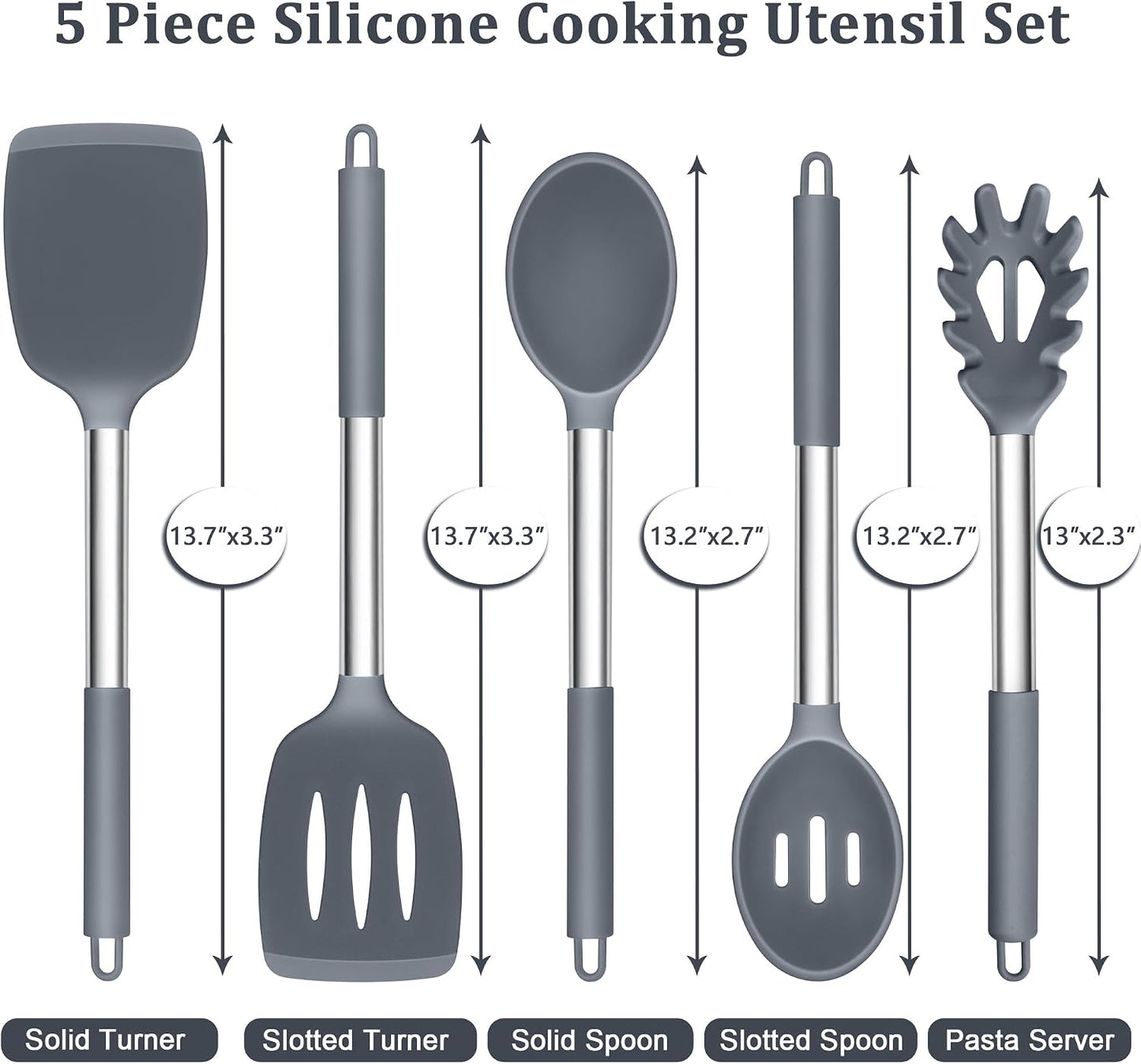 Set 5 Utensilios Silicón Antiadherente Mango Acero Inox
