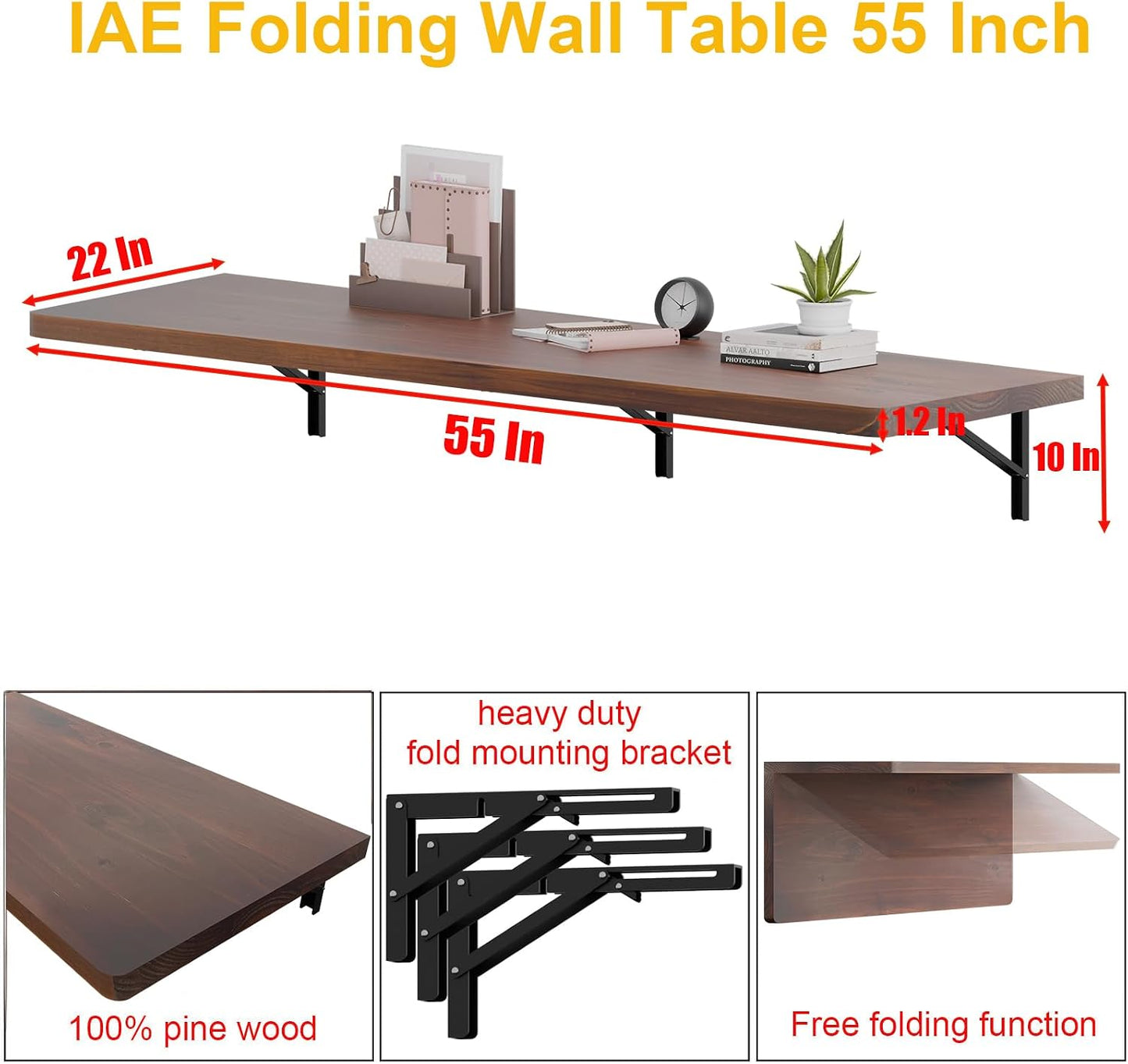 Escritorio plegable flotante pared madera pino 55x22"