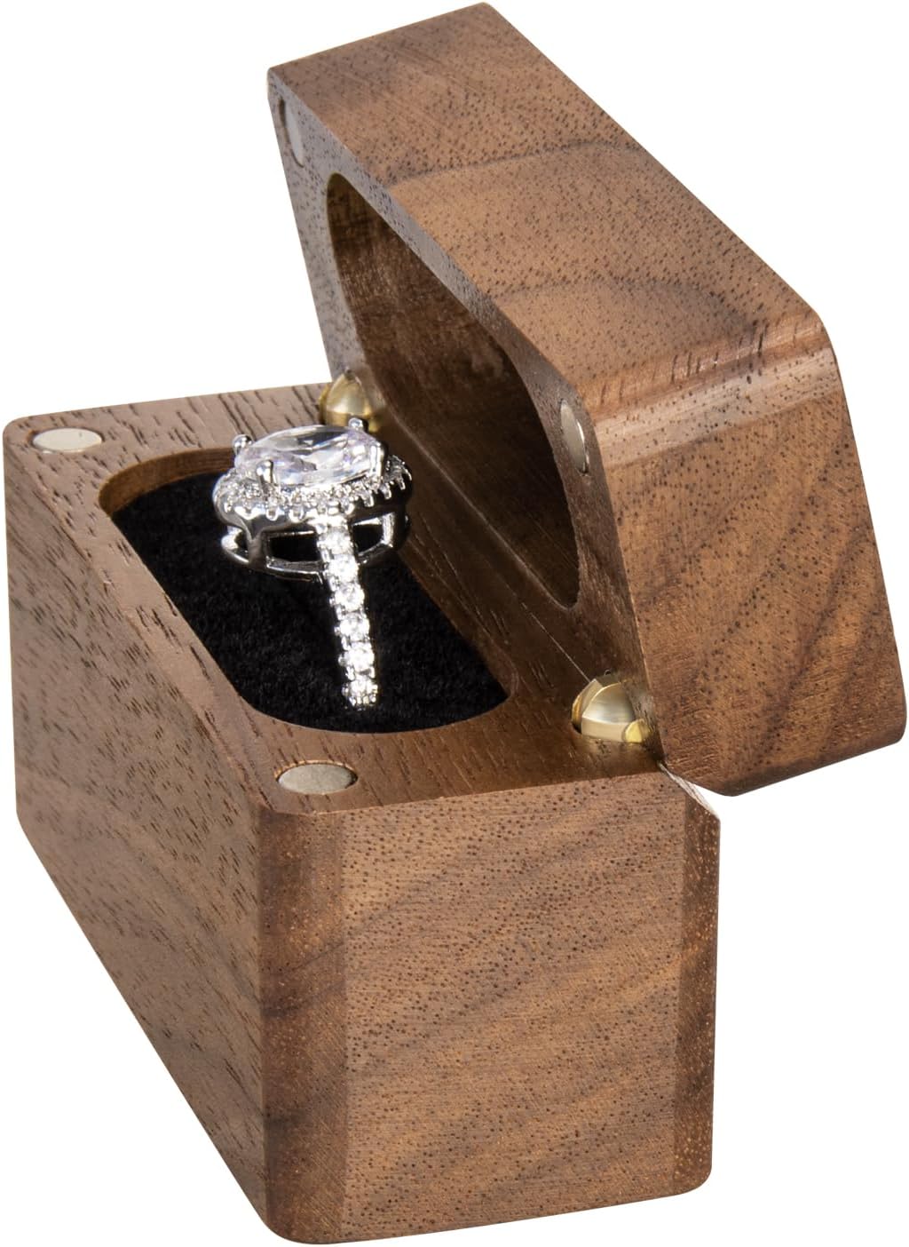Caja madera nogal para anillo compromiso y joyas
