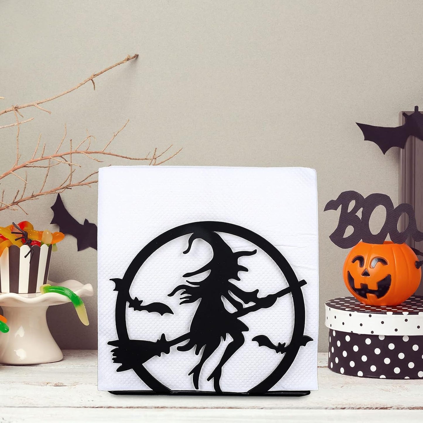 Servilletero Halloween metal negro Hocus Pocus dispensador mesa