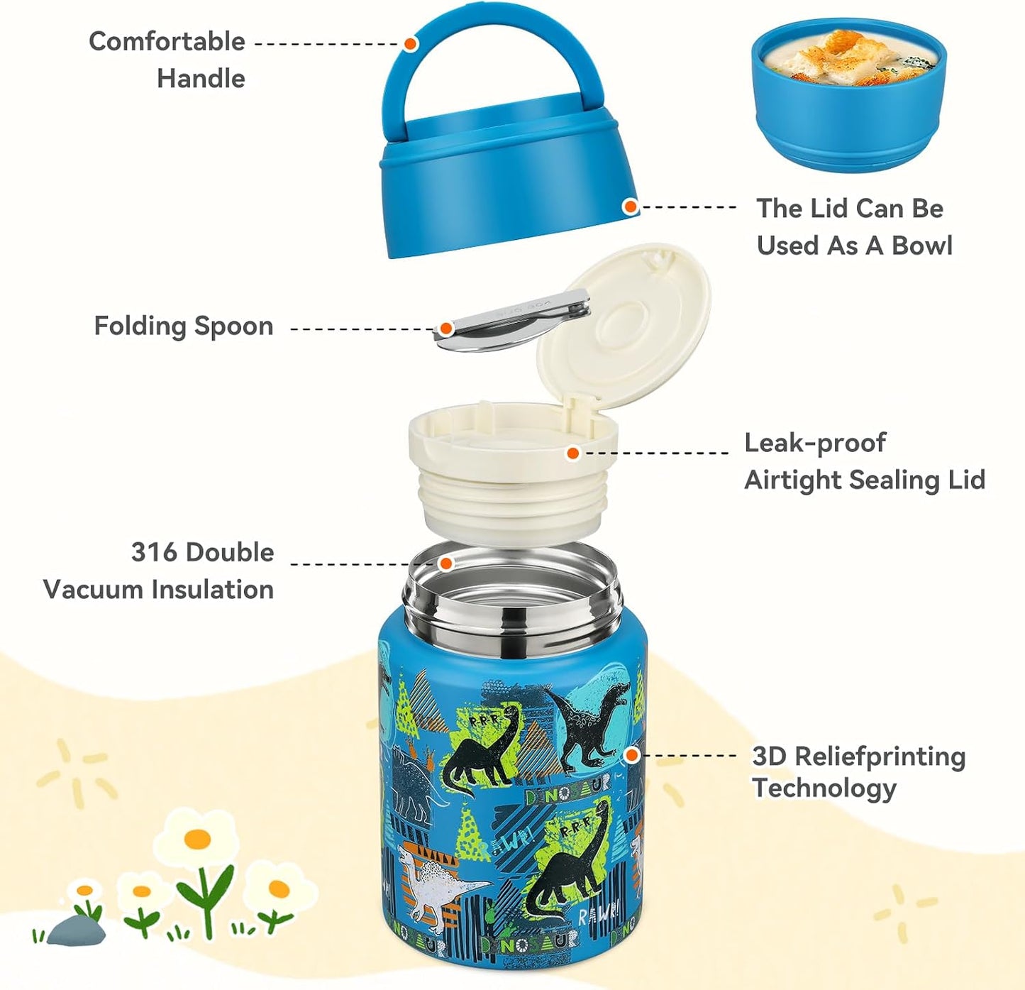 Termo sopa 17oz acero inox asa cuchara plegable azul