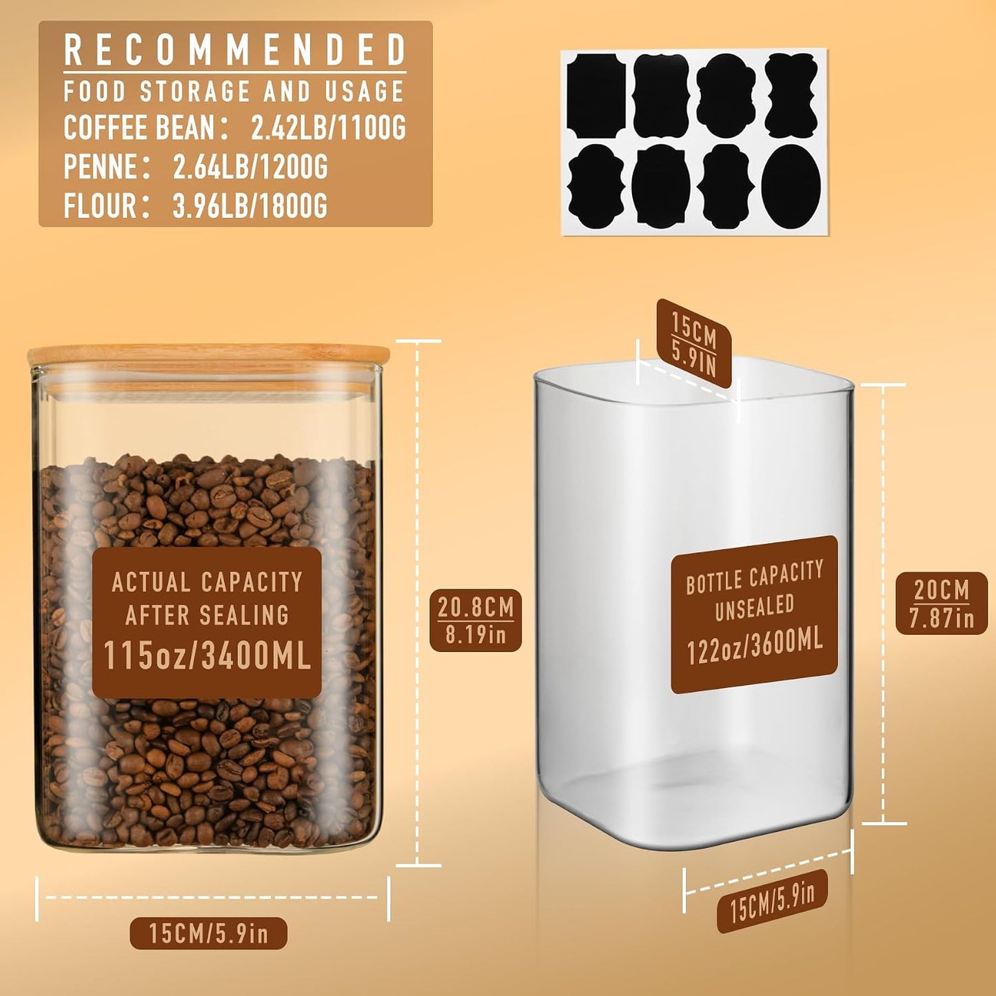 Recipiente vidrio hermético 3600ml tapa bambú set 2