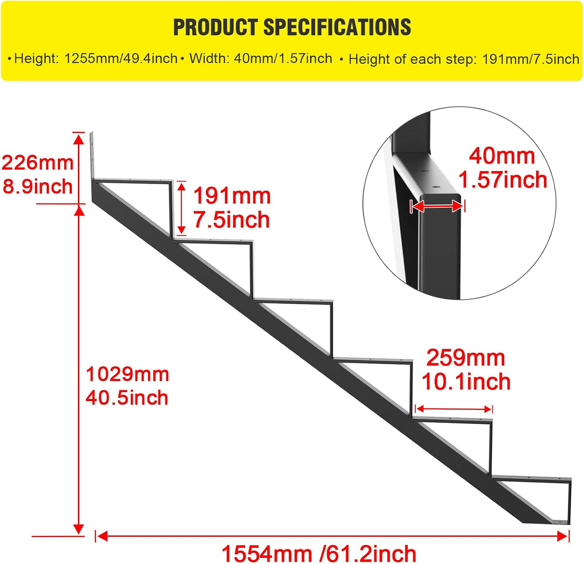 Elevador escalera acero 6 escalones 49pulg soporte conector