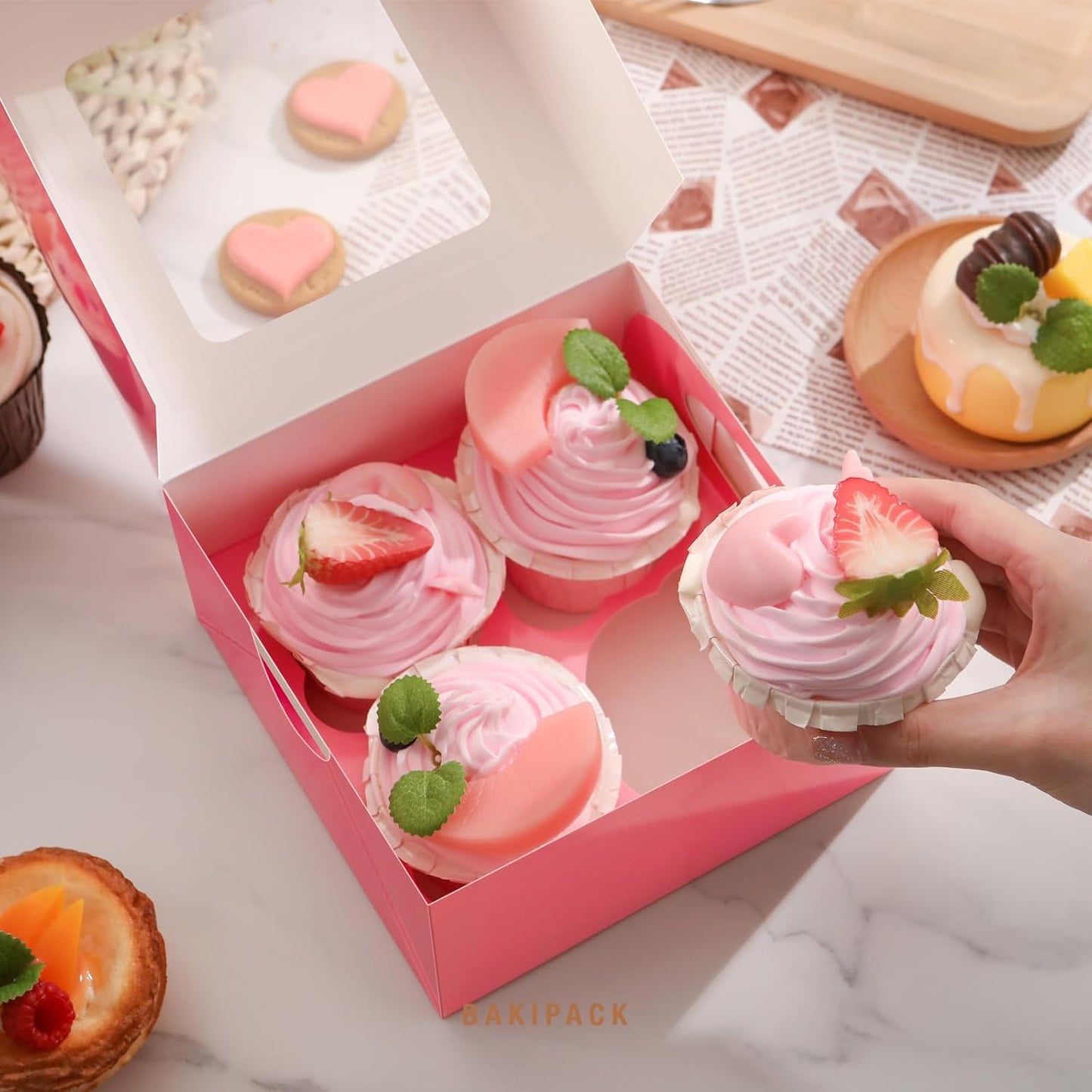 25 Cajas Rosas para Cupcakes 6.3x6.3x3" con Ventana