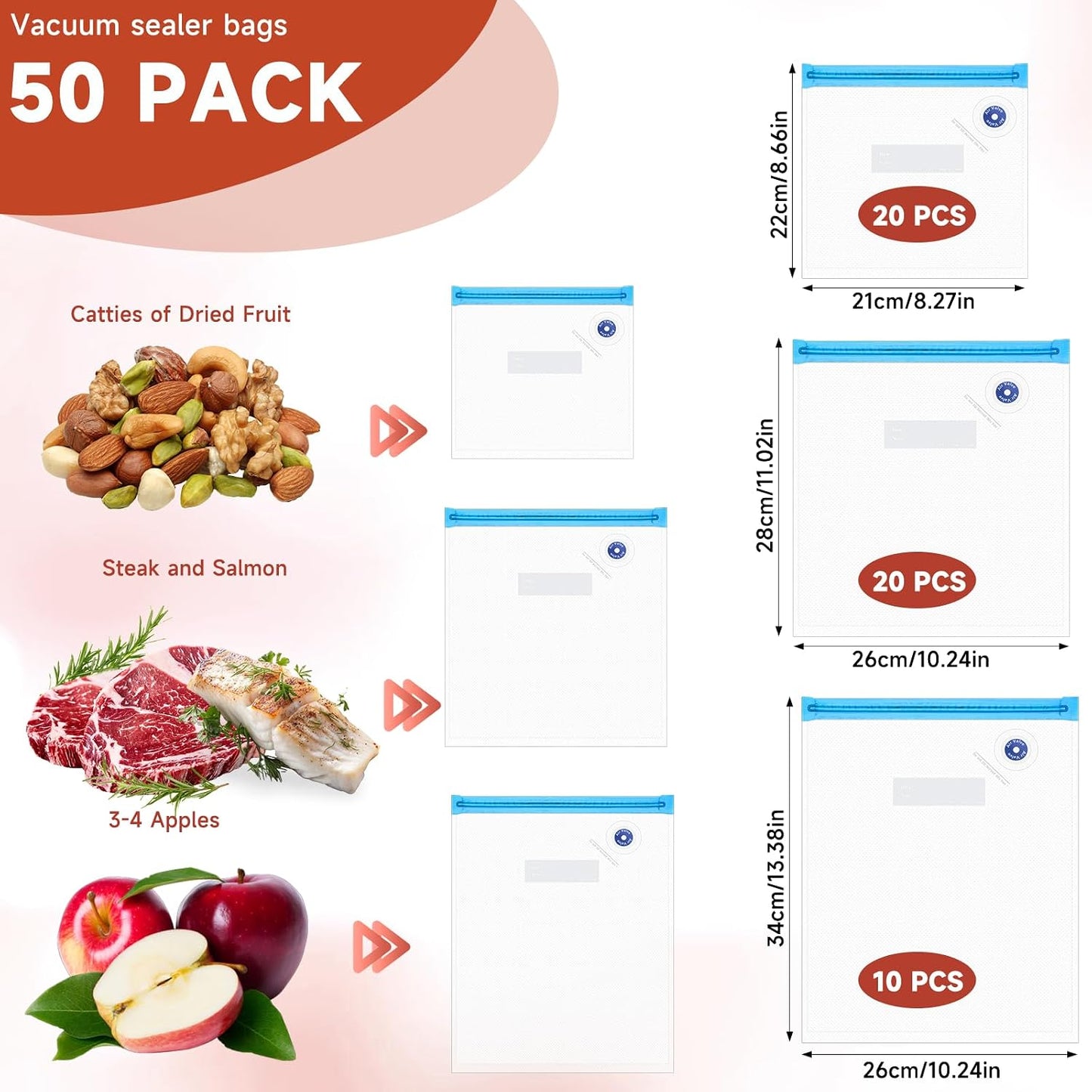 50 Bolsas Sous Vide Reutilizables 3 Tamaños Sin BPA