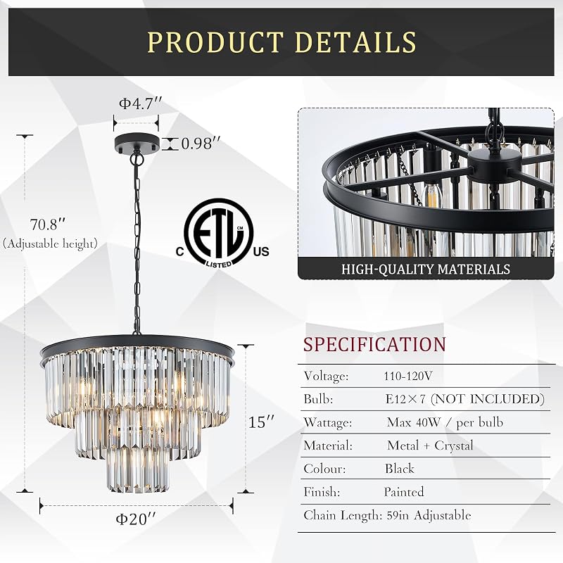 Candelabro cristal gris ahumado 20" 7 luces K9 para comedor