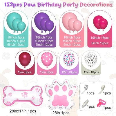 Kit arco guirnalda 147pzas globos pata perro rosa morado turquesa