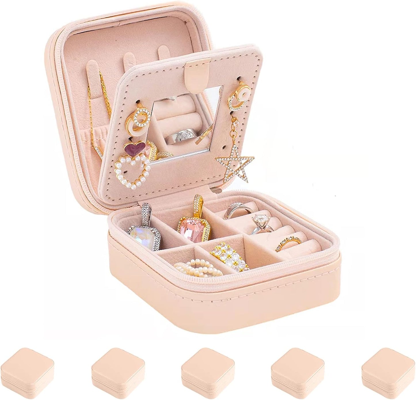 Estuche joyas viaje con espejo color rosado