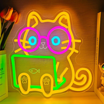 Letrero neón gato nerd con gafas para programadores