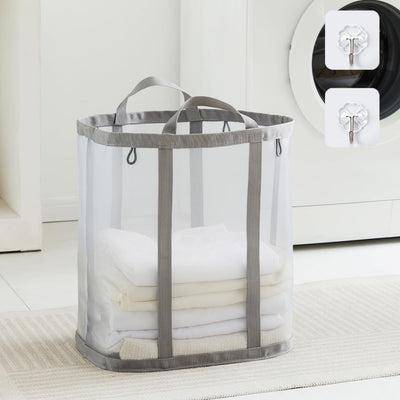 Bolsa lavandería malla asas 42L con ganchos plegable gris