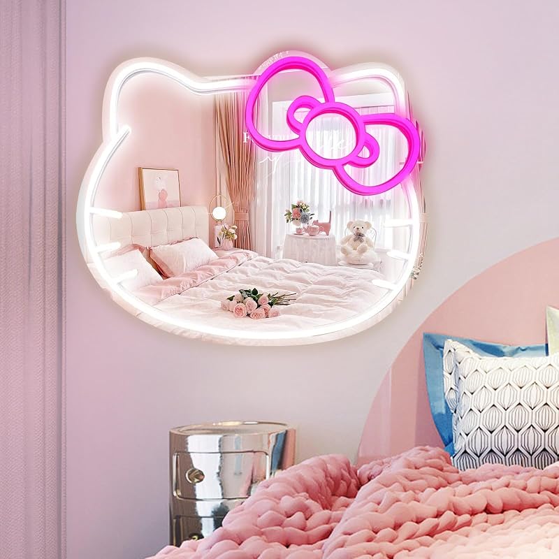 Espejo Hello Kitty con luz neón decoración pared 14.6x12.2pulg