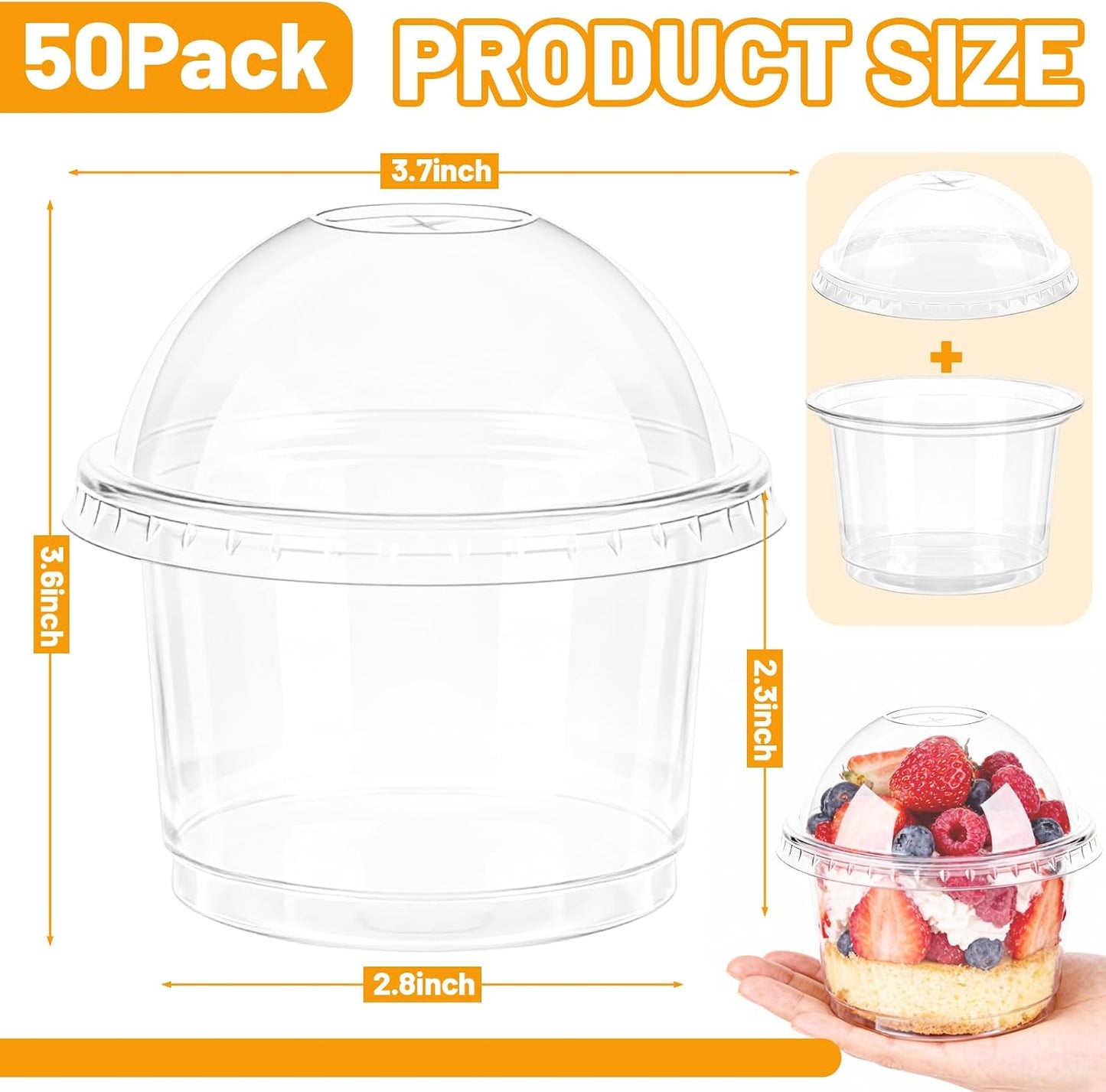 50 Vasos Plástico 8oz Con Tapa Cúpula Para Frutas