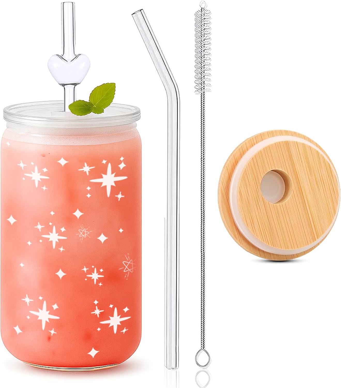 Taza cristal estrellas 16oz con tapa pajita regalo mujer