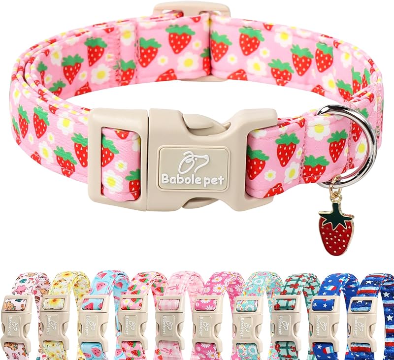 Collar perro primavera/verano ajustable con fresas rosas talla M