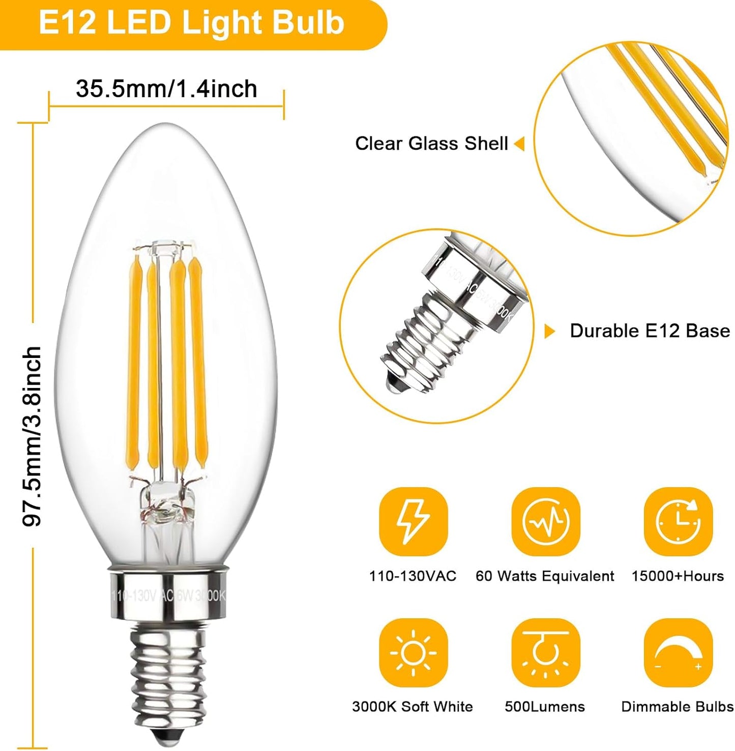 Bombilla LED E12 B11 60W 3000K blanco suave filamento