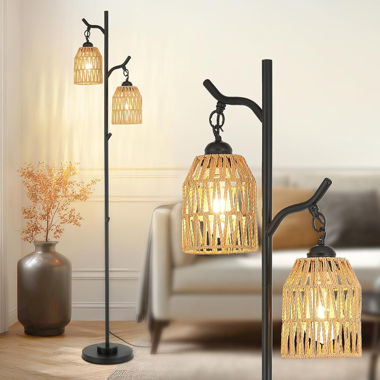 Lámpara pie bohemia 2 luces ratán sala estudio dormitorio