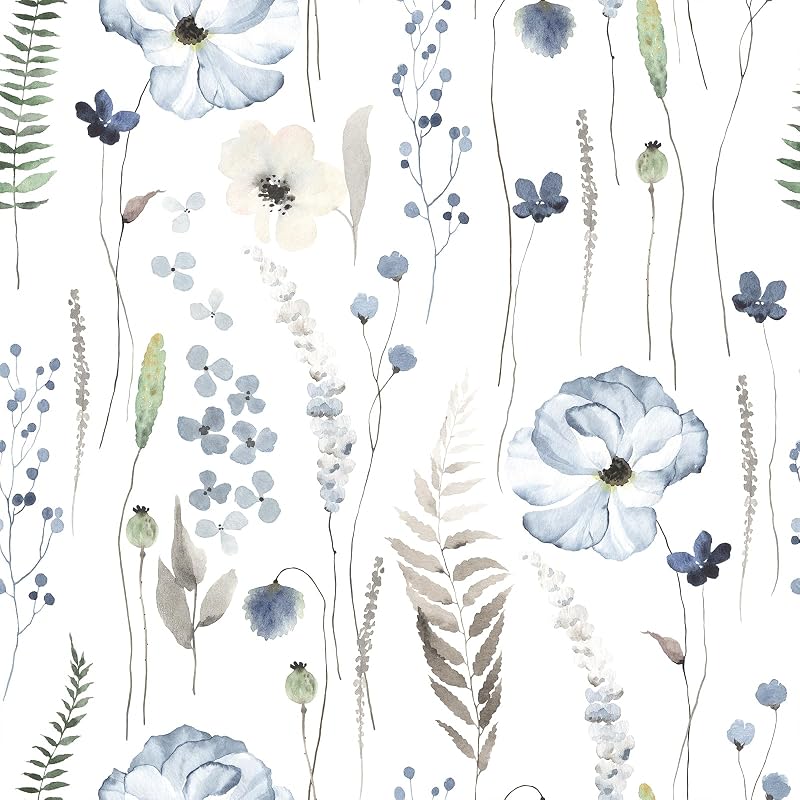 Papel tapiz floral azul 17.7x354" adhesivo extraíble