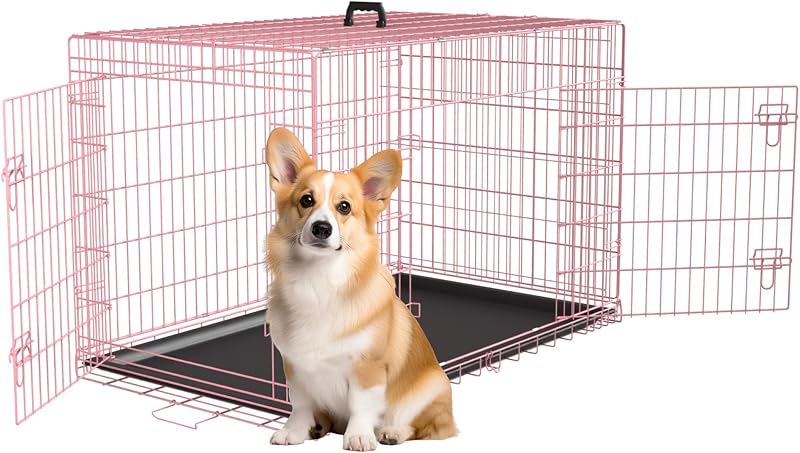 Jaula perros 30pulg doble puerta plegable metal rosa