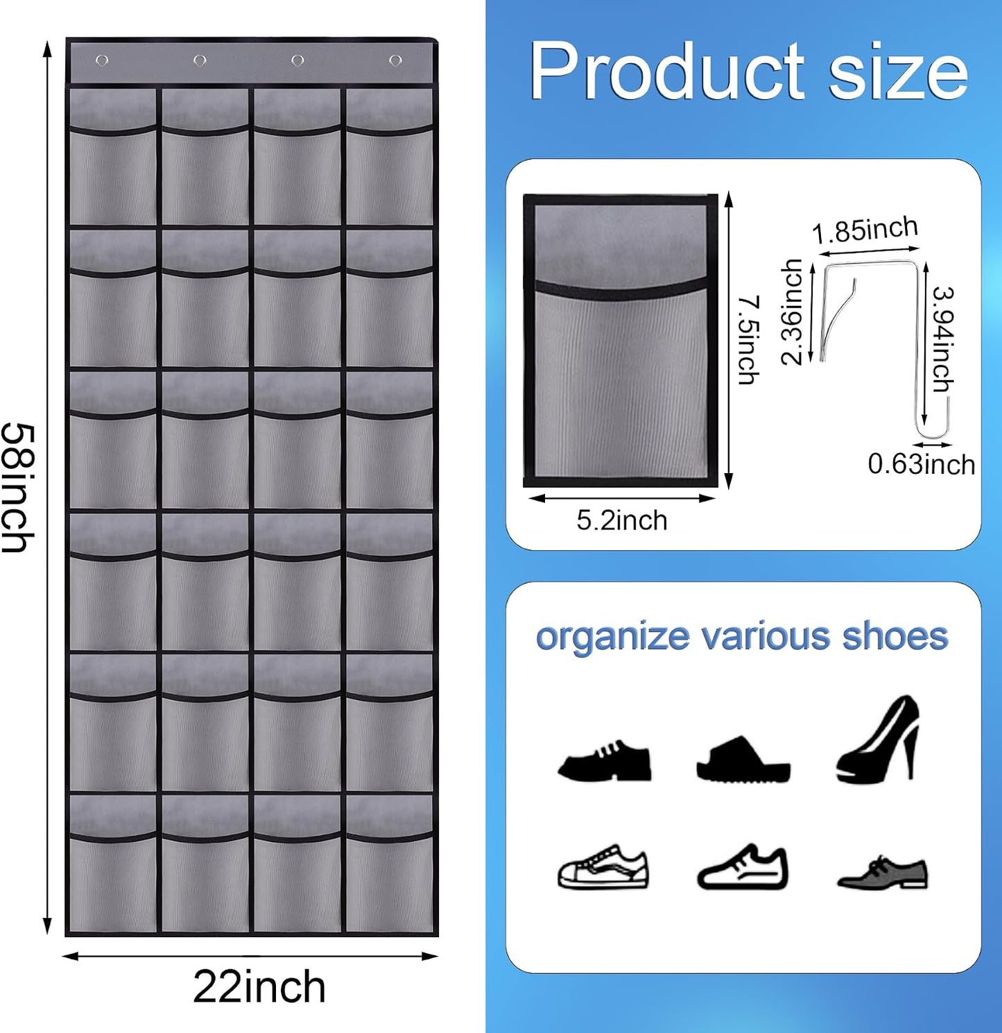 Organiz. zapatos puerta 24 bolsillos malla transpirable gris