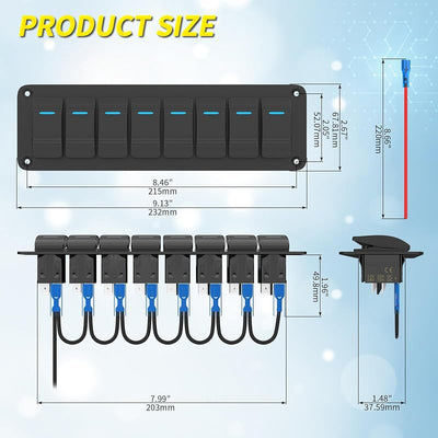 Panel interruptores basculantes 12V LED azul 8 posiciones