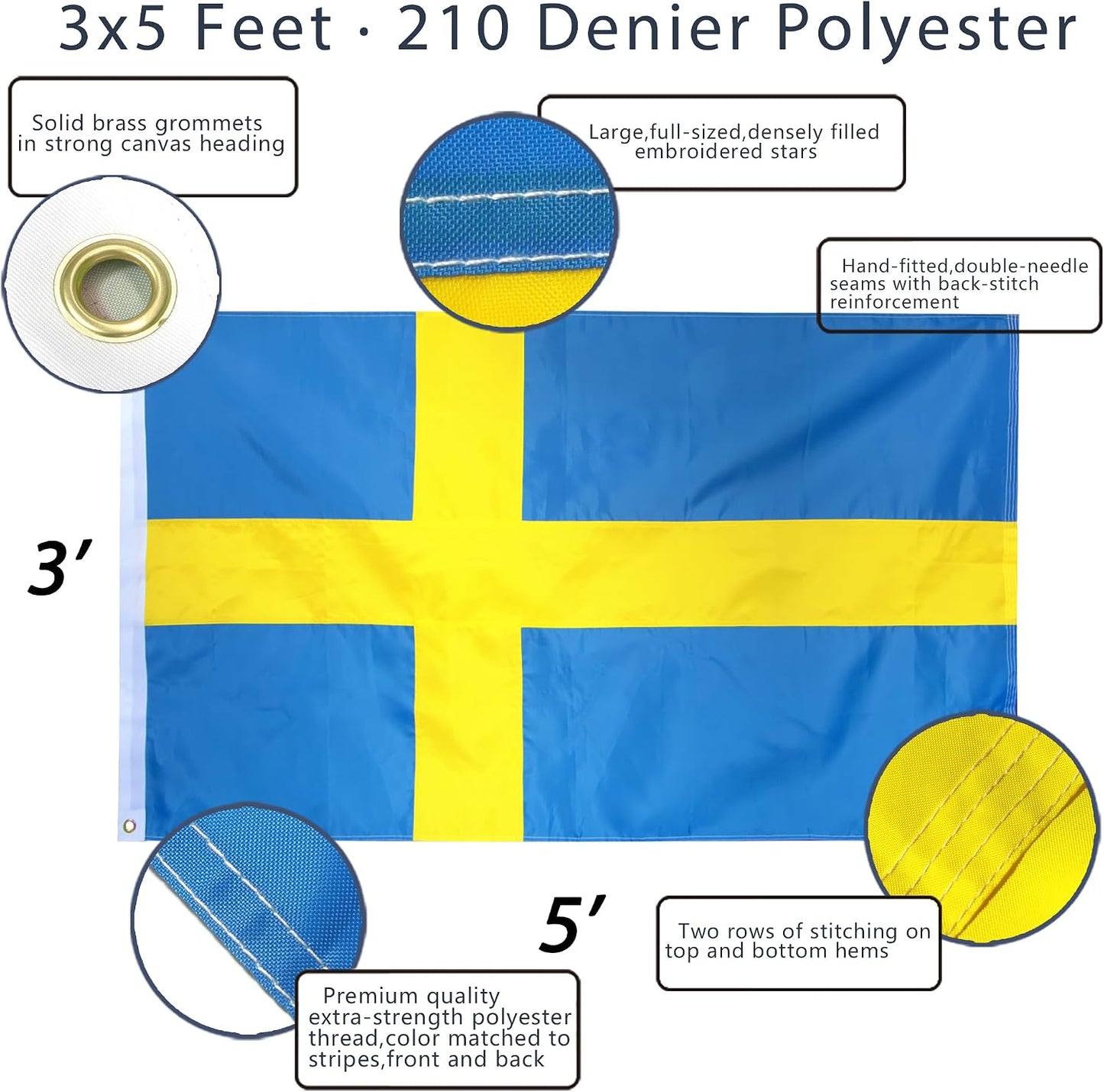Bandera Suecia bordada 3x5ft lona resistente con ojales