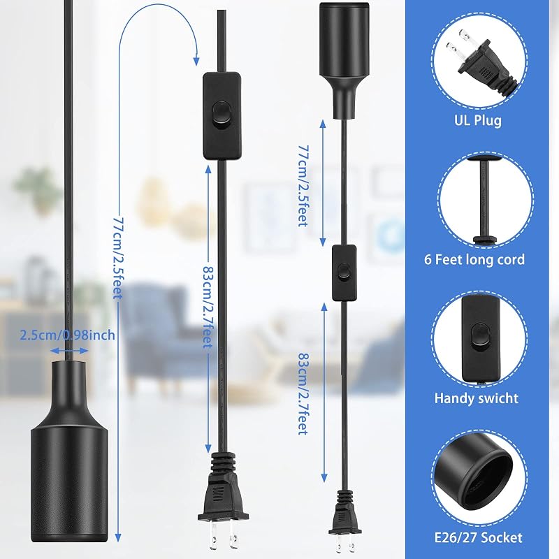 Kit 10 cables luz colgante con interruptor E26 E27 6ft negro