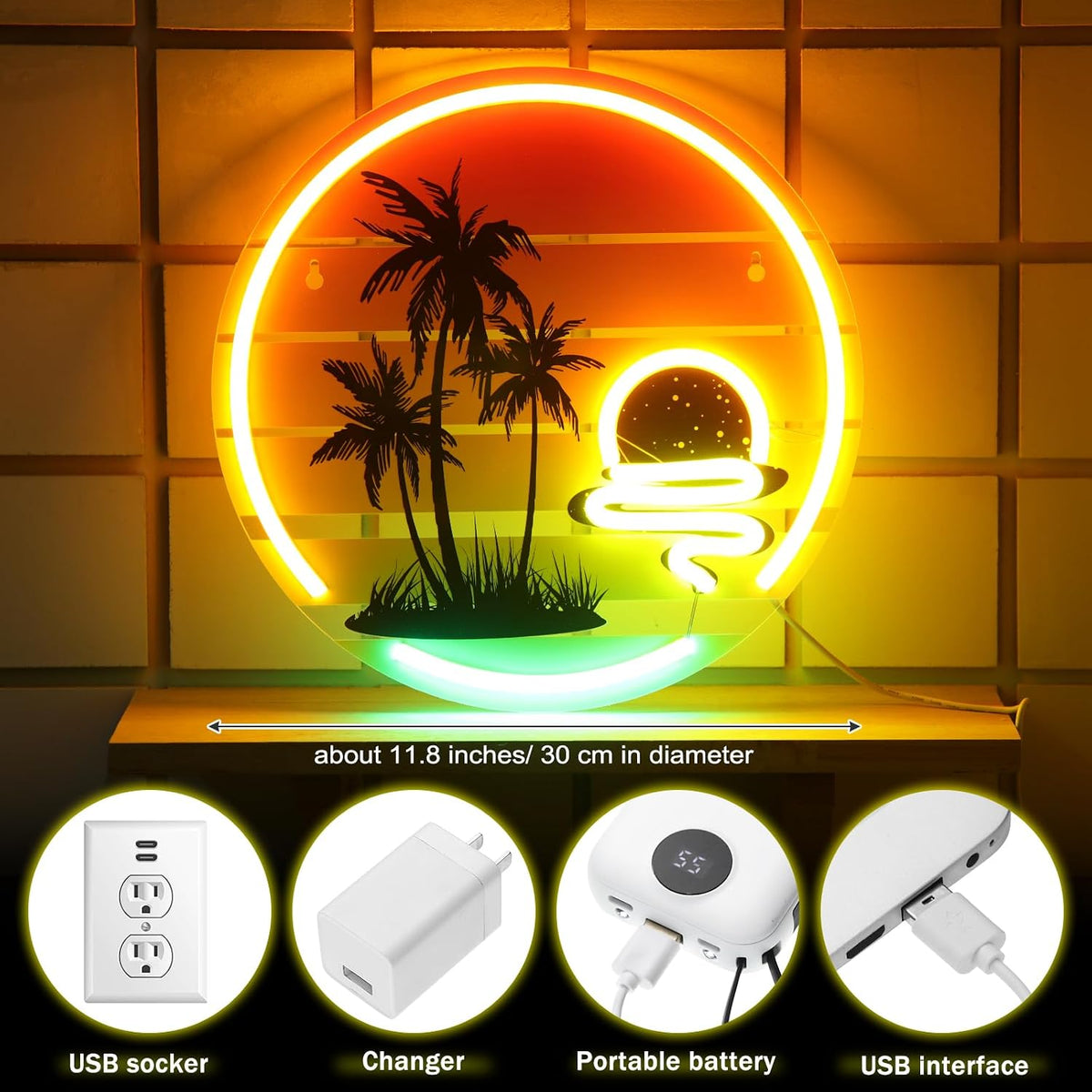 Letrero neón palmera puesta de sol LED dormitorio