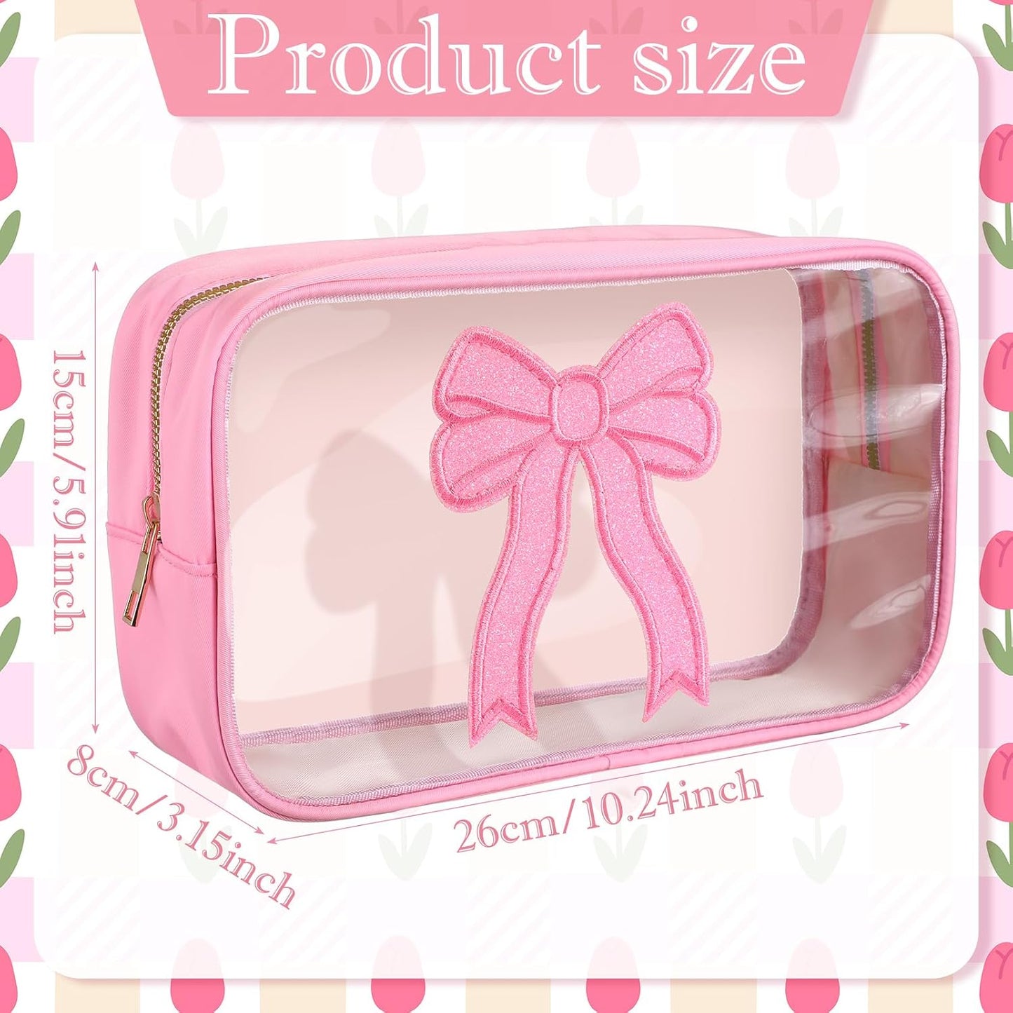 Bolsa maquillaje transparente con lazo rosa organizador viaje mujer