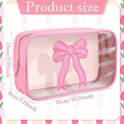 Bolsa maquillaje transparente con lazo rosa organizador viaje mujer