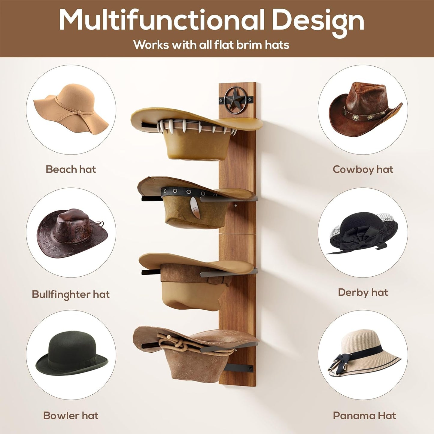 Soporte sombrero madera rústica 2 pzas 12cm 4 ganchos