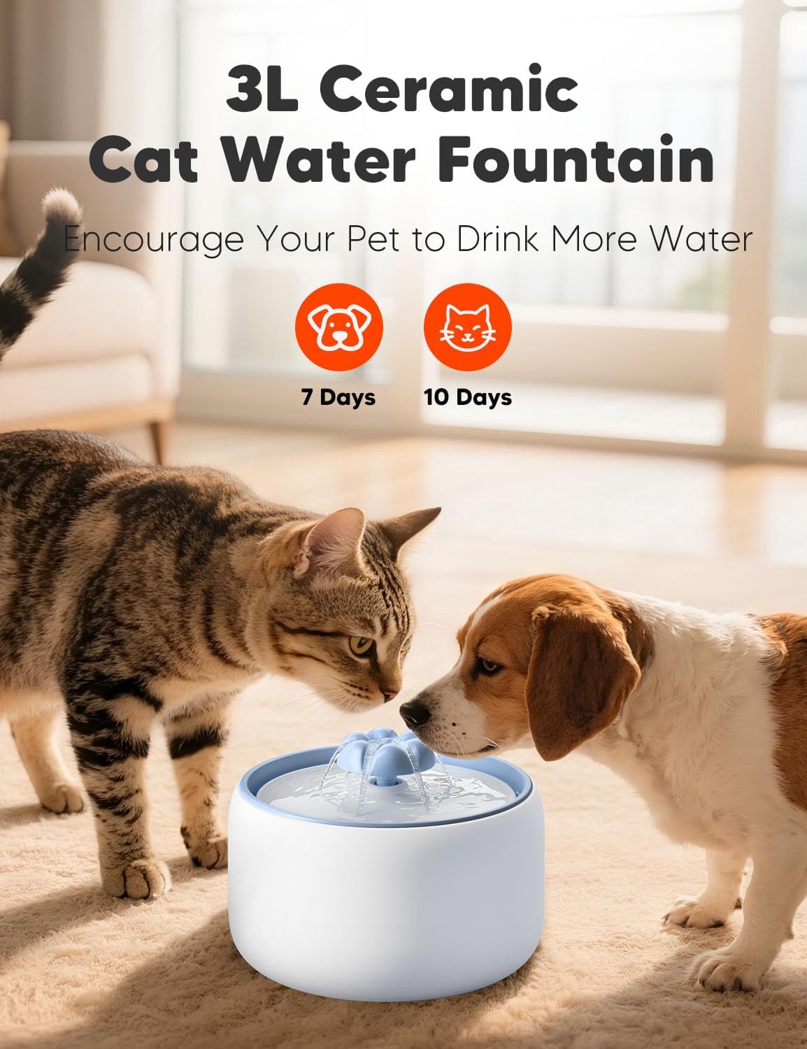 Fuente agua cerámica para gatos 3L con bomba silenciosa