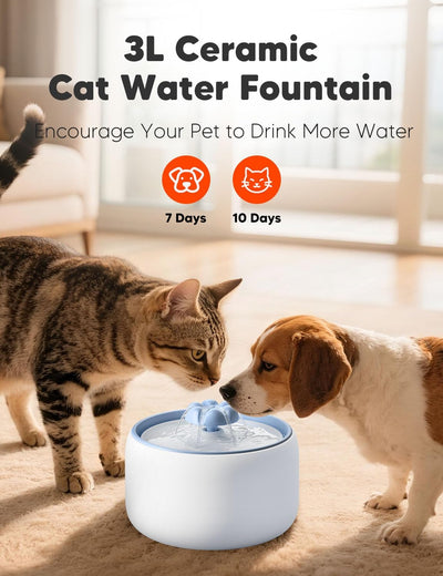 Fuente agua cerámica para gatos 3L con bomba silenciosa