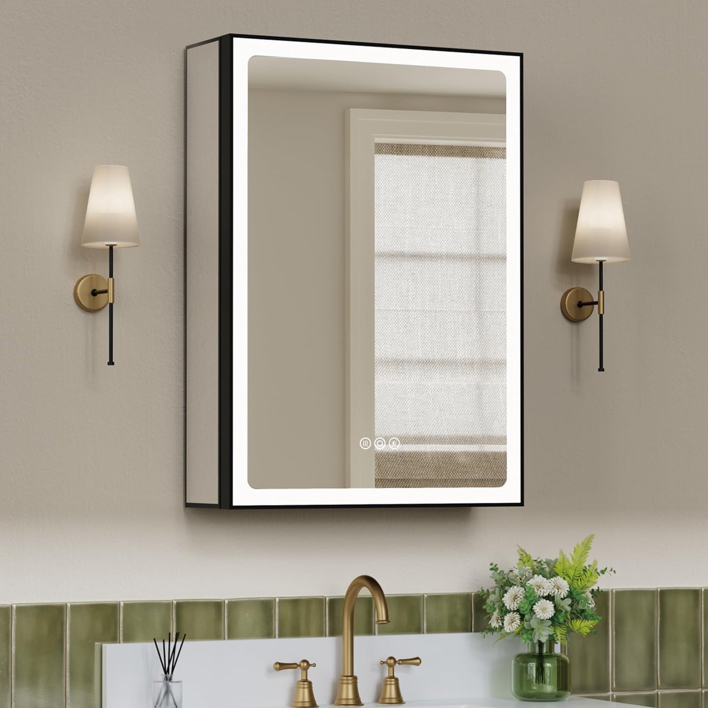 Botiquín 20x28pulg con luces espejo gabinete led baño negro