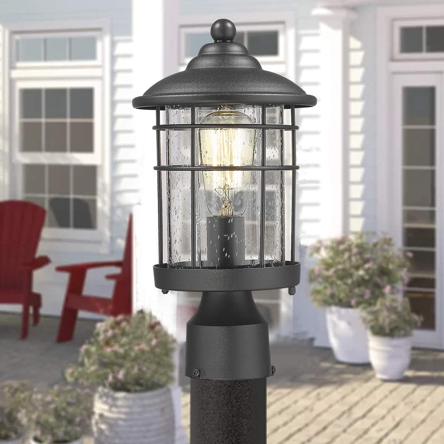 Farol poste exterior 13" negro vidrio sembrado