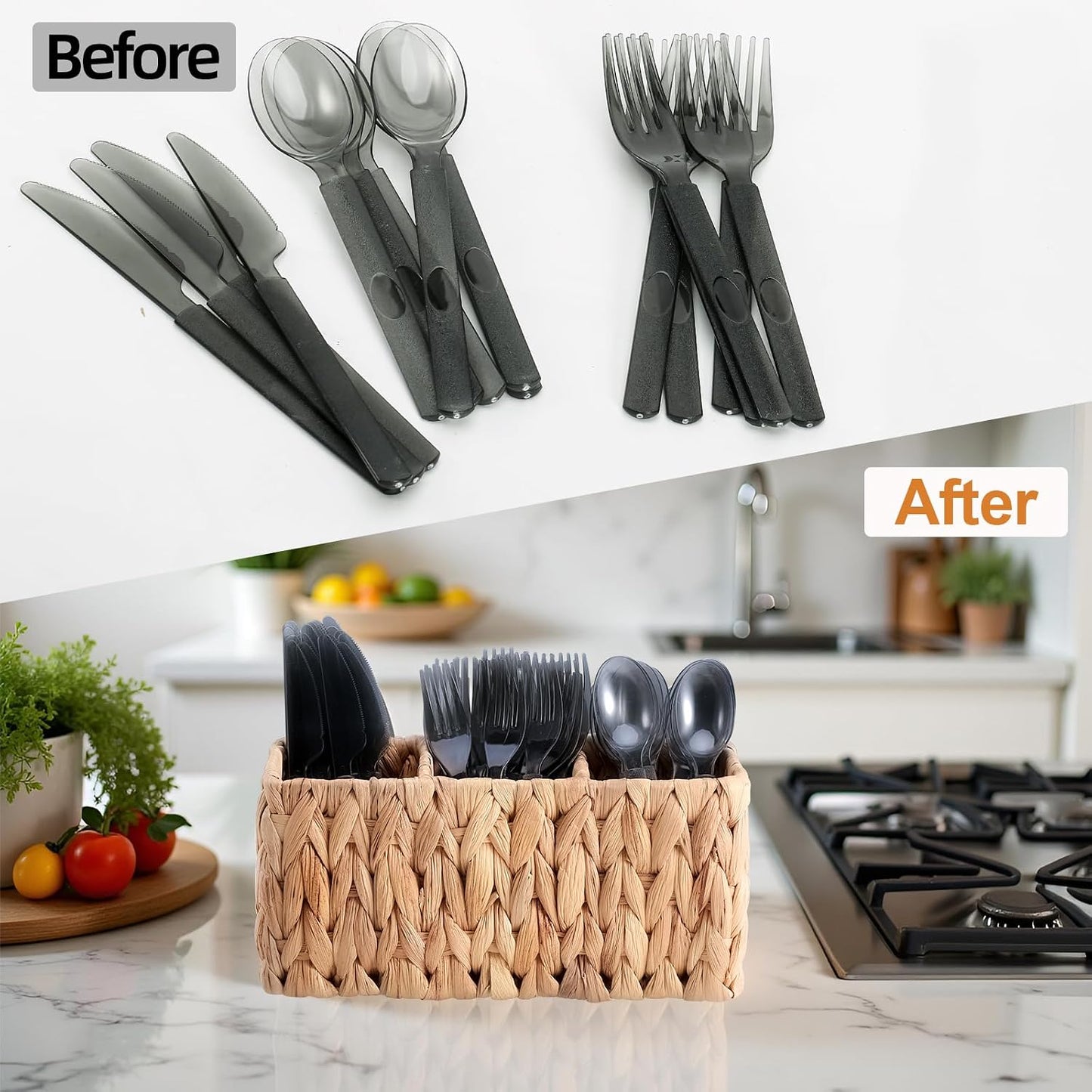 Organiz. cubiertos mimbre tejido a mano encimera cocina