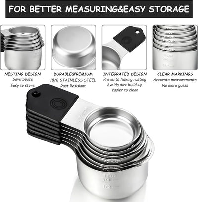 Set 7 Tazas y 8 Cucharas Medidoras Magnéticas Acero Inox