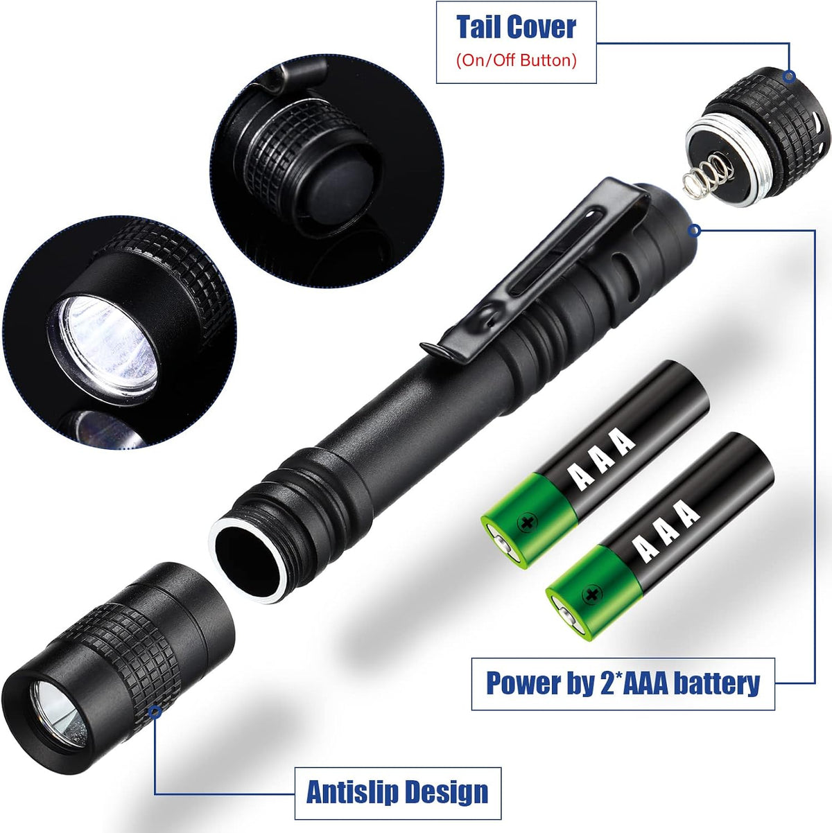50 Linternas LED 5pulg con clip AAA batería mini bolígrafo