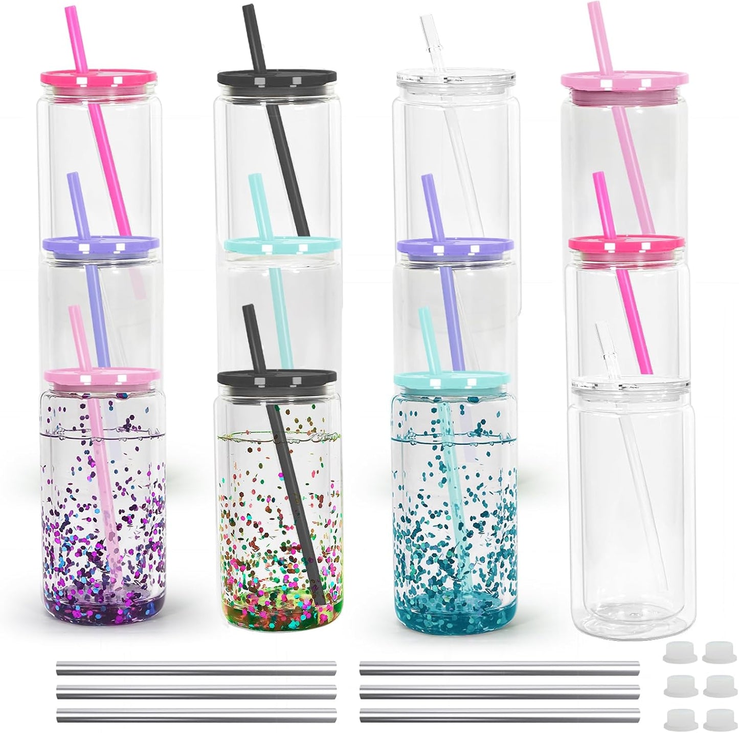 Vasos acrílicos 16oz doble pared con pajita transparente
