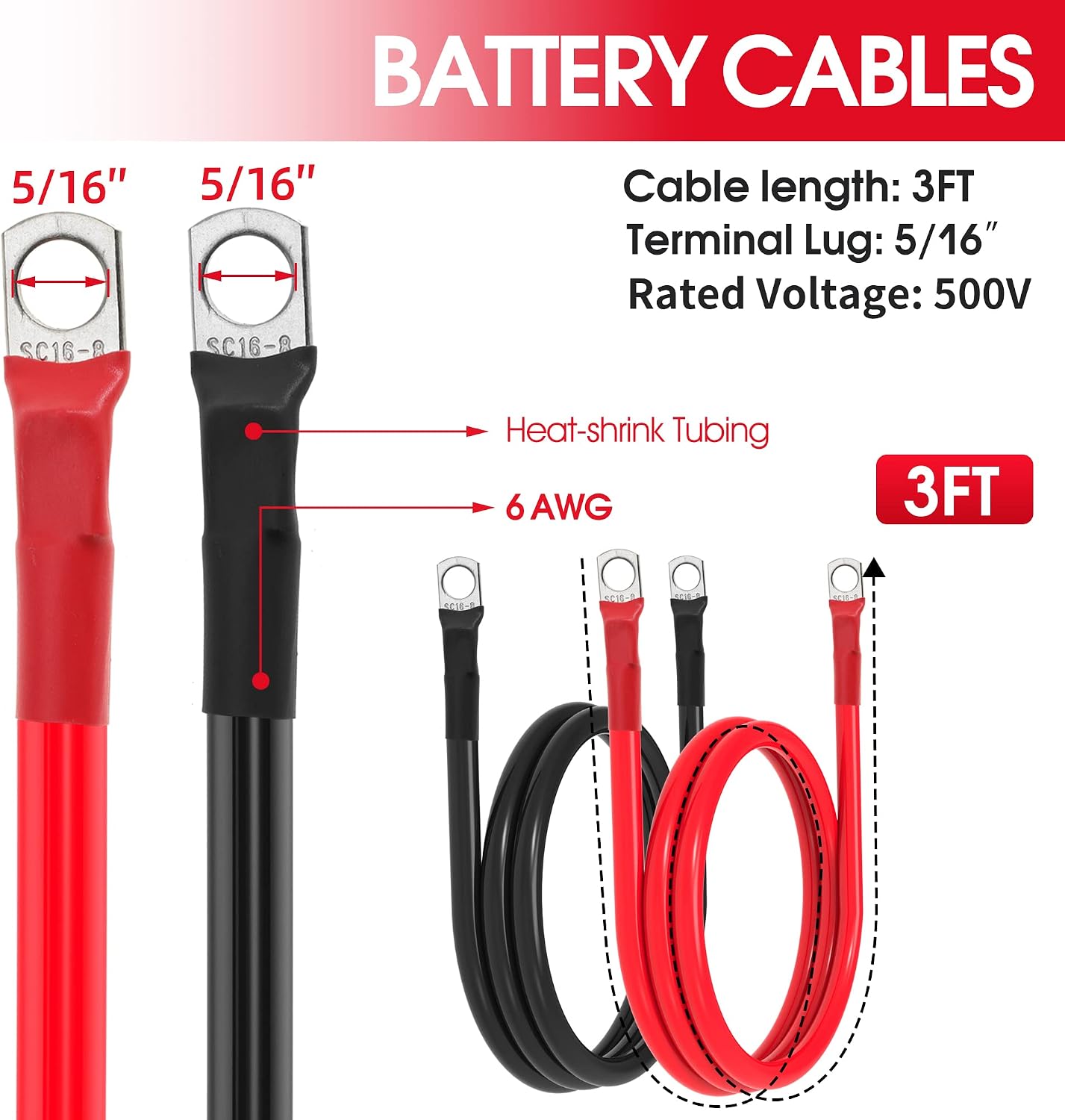 Cable batería 6 AWG 5/16 para solar coche barco 3 pies