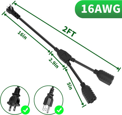 Cable divisor en Y 3 clavijas 2 pies paq 2 enchufe 90 grados