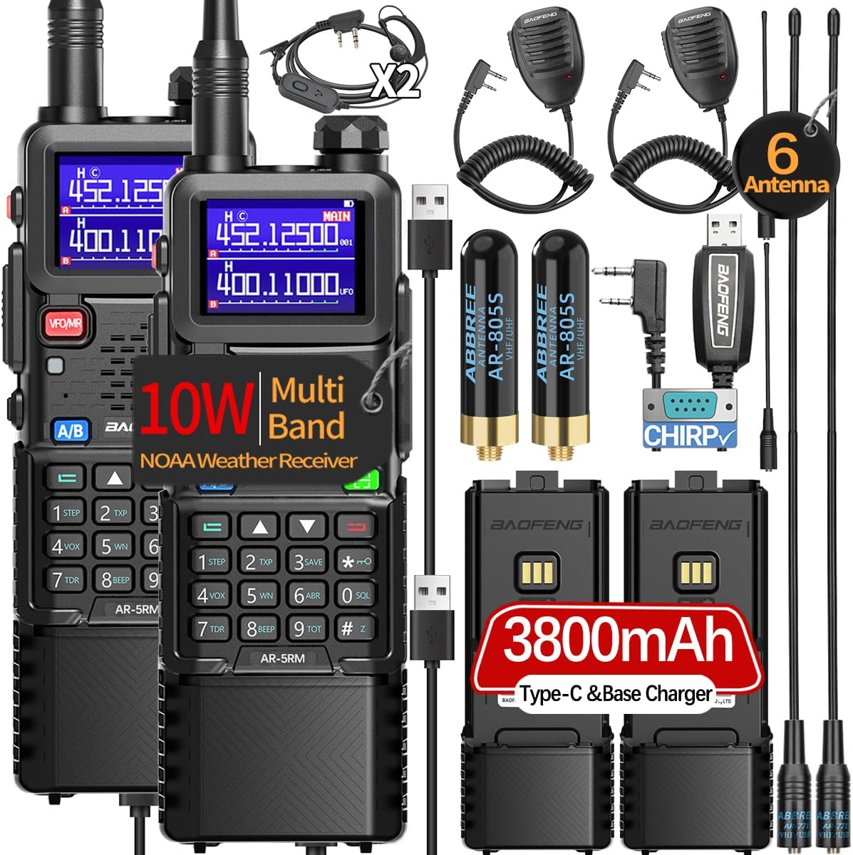 Radio Ham 10W portátil NOAA 3800mAh Walkie Talkies USB-C