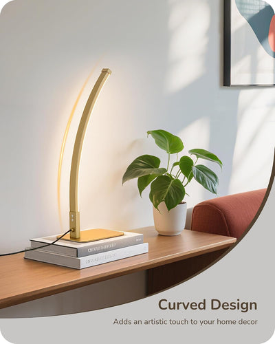 Lámpara mesa LED curva dorada con 3 temperaturas y atenuación