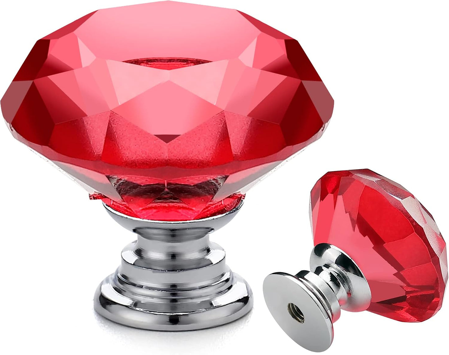25 Pomos Cristal Rojo para Cajones Forma Diamante Base Plateada