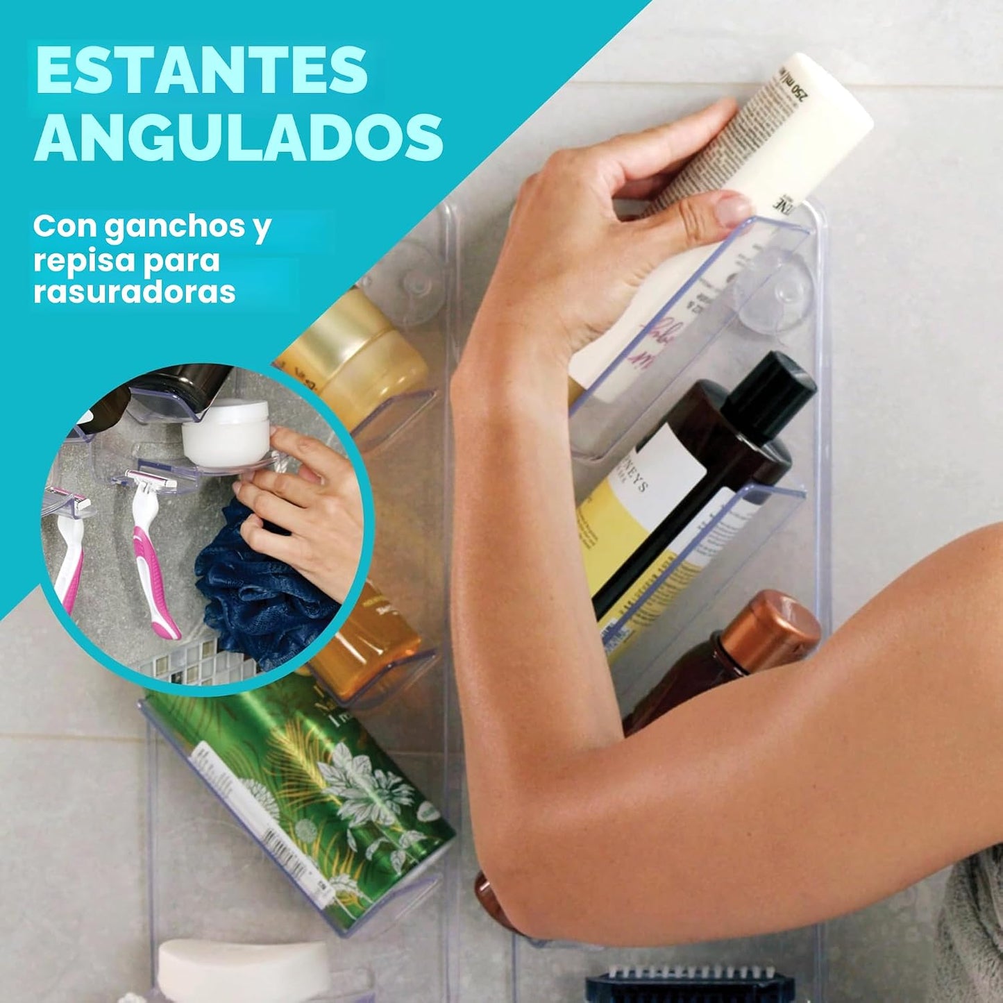 Organiz. ducha ajustable pared sin ventosas 2 pzas