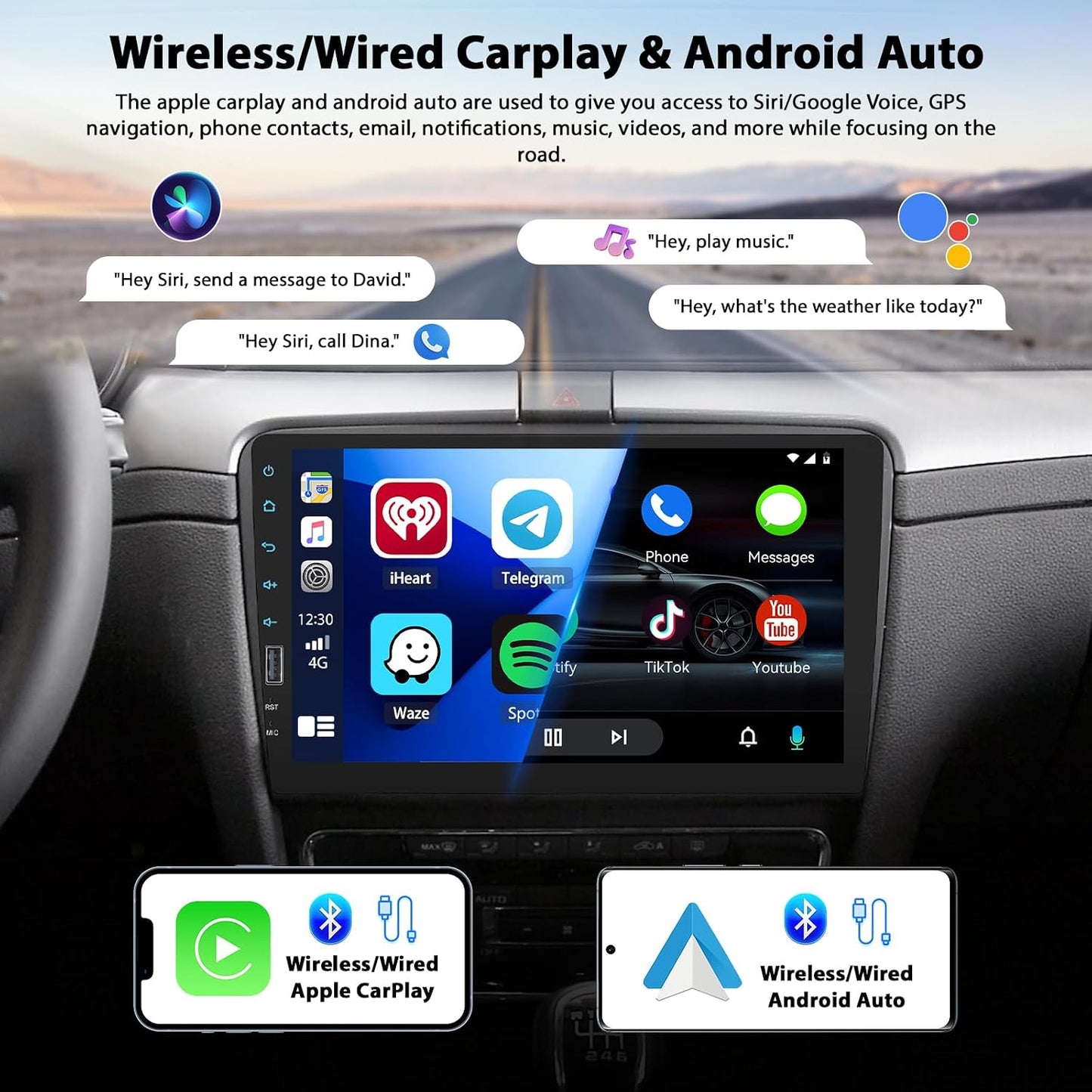 Estéreo coche inalámbrico Carplay 9pulg pantalla táctil