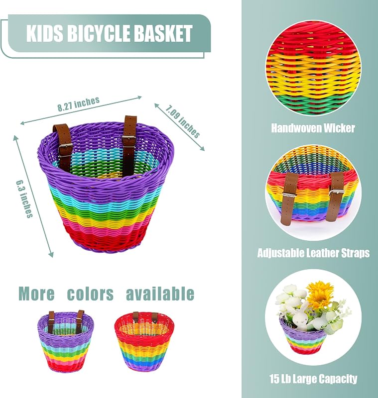 Cesta bicicleta niño tejida a mano morado 2 correas cuero