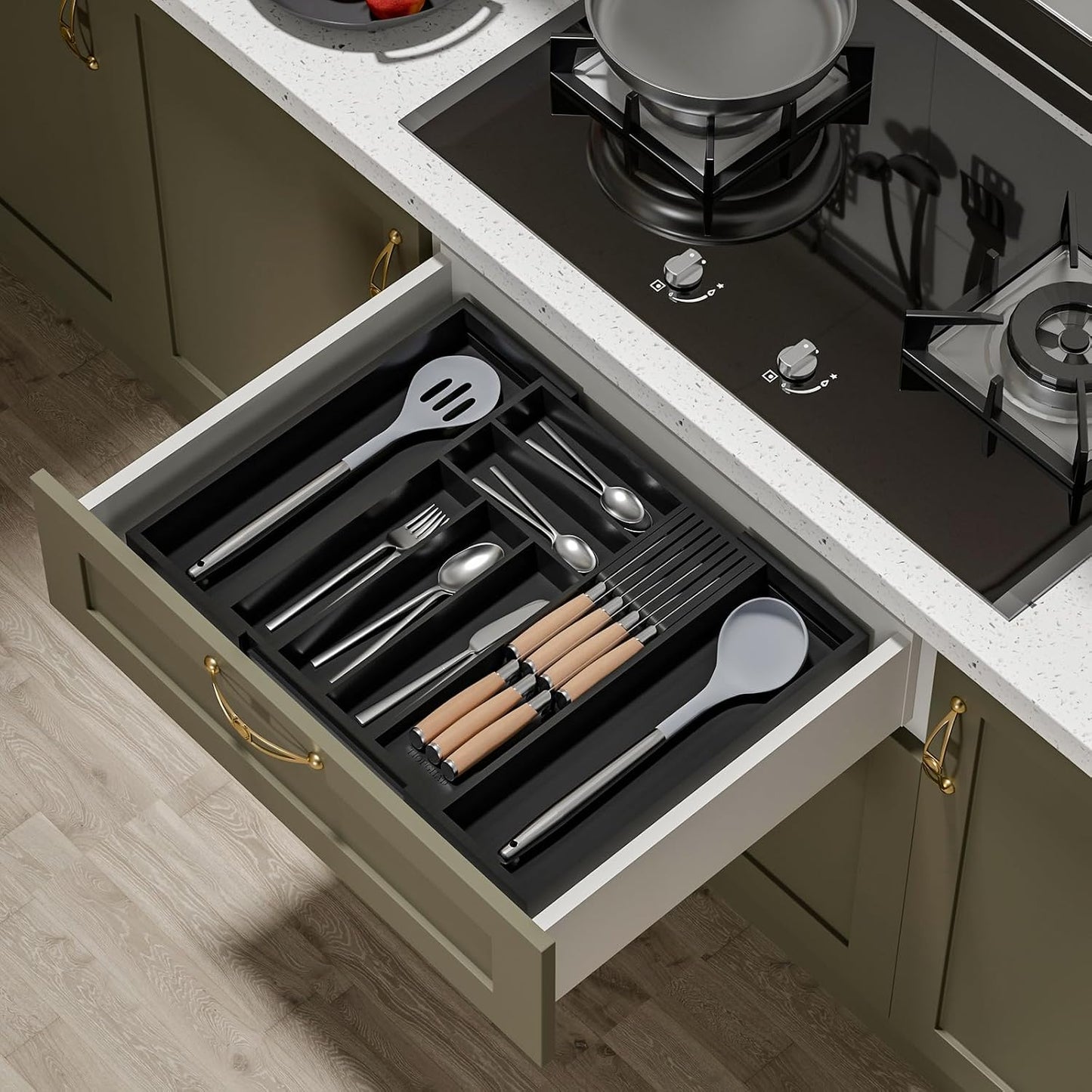 Organiz. cubiertos bambú extensible cocina